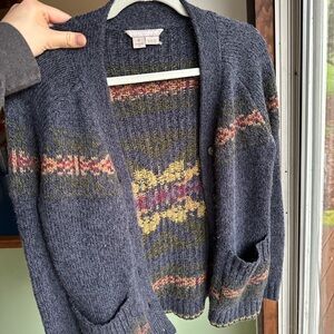 Royal Robbins Navy Open-Front Cardigan with Multicolor Fair Isle Accents